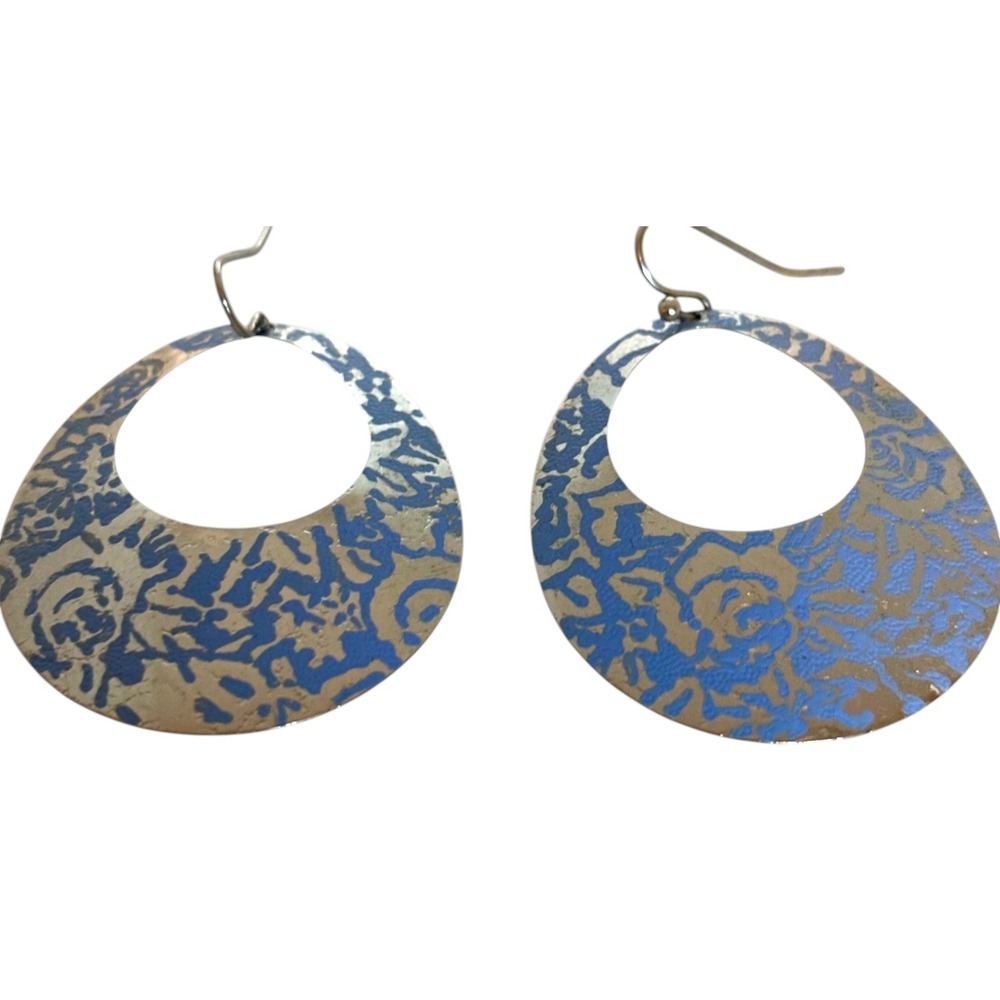 Blue Floral‎ Filigree Teardrop Hoop Earrings Silver Tone Boho Drop Dangle Womens